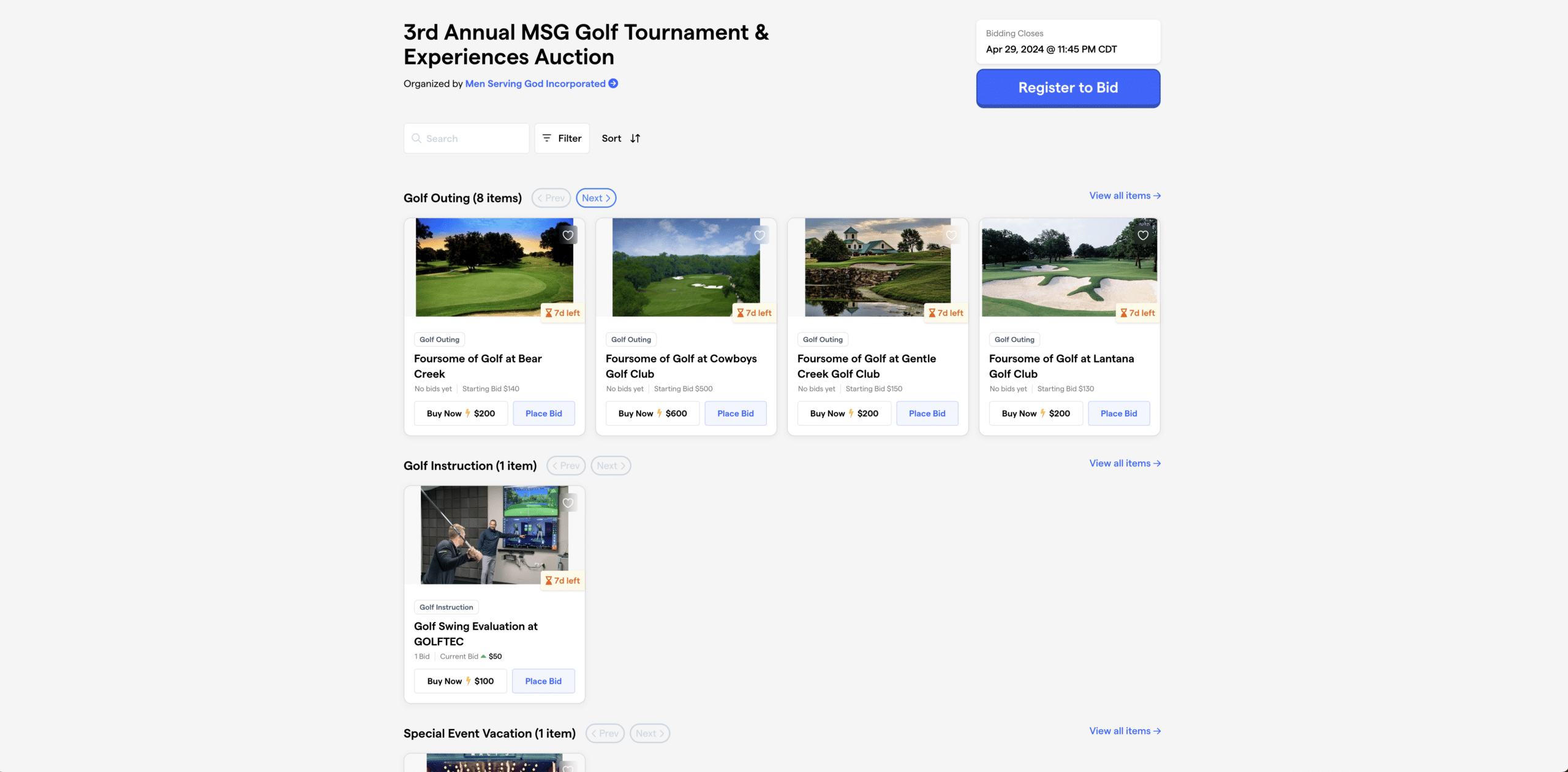 auction for golf tournament 2024